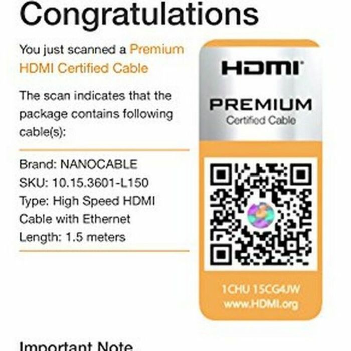 Cable HDMI NANOCABLE HDMI V2.0, 1.5m 10.15.3601-L150 V2.0 4K 1,5 m 5