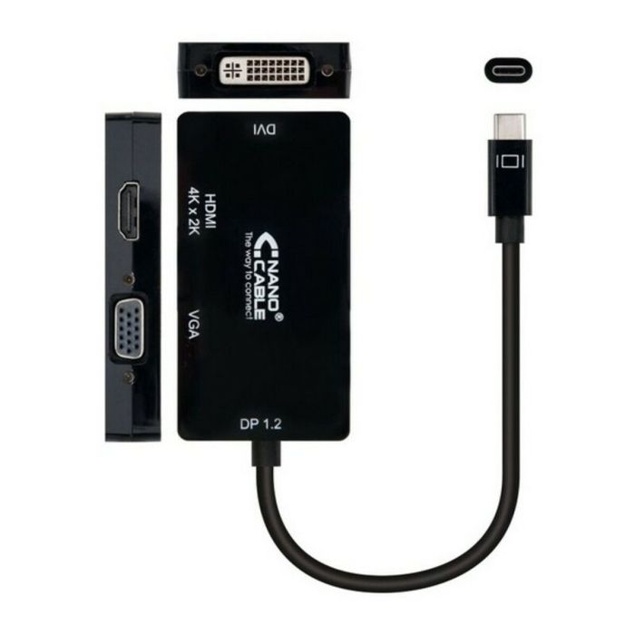 Nanocable Conversor USB-C a VGA / DVI / HВЬШ, 3 En 1. USB-C/M-VGA/H-DVI/H-HDMI/H 4K, Negro, 10 cm