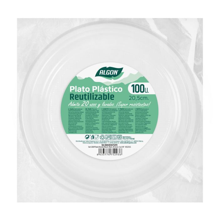 Set de platos reutilizables Algon Redondo Blanco 20,5 x 3 cm Plástico 100 Unidades 1