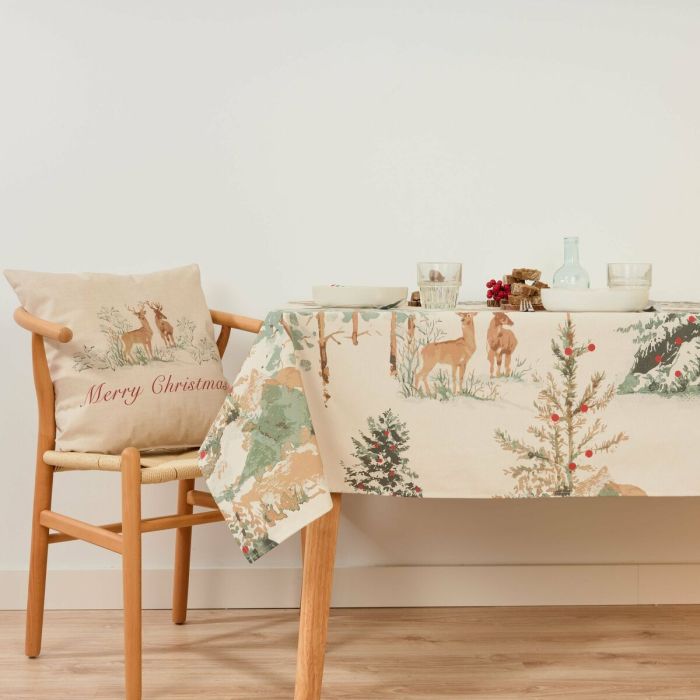 Mantel resinado antimanchas Belum Christmas Deer Marrón Rojo Verde Lino 150 x 150 cm