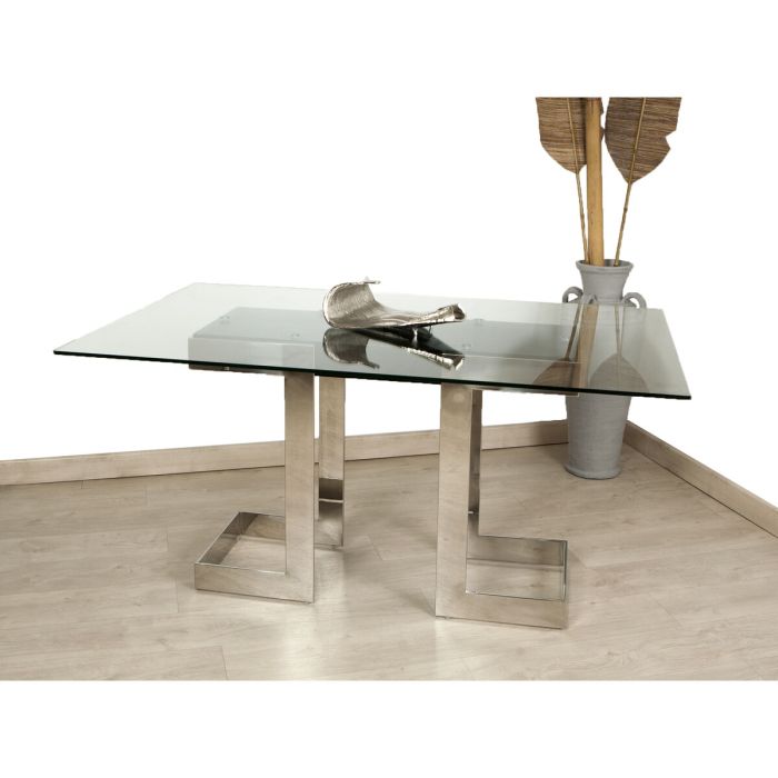 Mesa Romimex Plateado Vidrio Acero Inoxidable Cristal Templado 150 x 75 x 90 cm 2