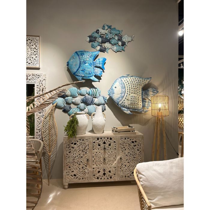Decoración de Pared Romimex Azul Blanco Dorado Metal Pez 107 x 83 x 15 cm 1