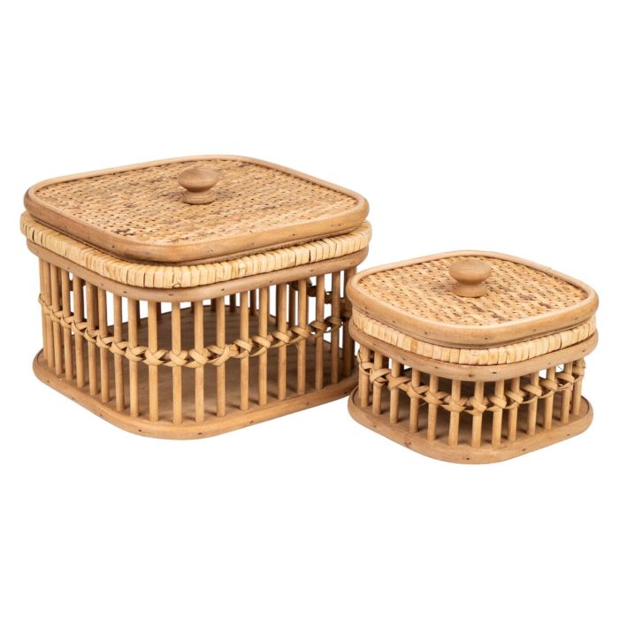 Juego de Cajas Decorativas Romimex Marrón Mimbre Madera MDF 19 x 14 x 19 cm 2 Piezas