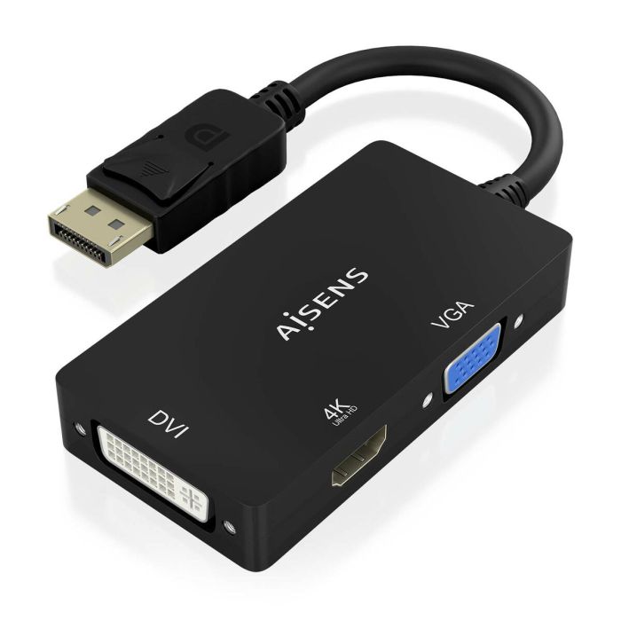 Cable Conversor Aisens A125-0861/ DisplayPort Macho/ VGA Hembra - DVI Hembra - HDMI 4K Hembra/ 15cm/ Negro