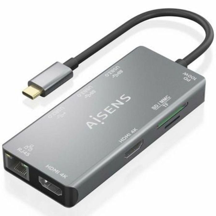 Docking USB Tipo-C Aisens ASUC-9P018-GR/ 2xHDMI/ 3xUSB/ 1xRJ45/ 1xLector Tarjetas/ 1xUSB Tipo-C PD/ Gris