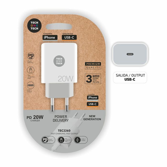 Cargador de Pared Tech One Tech USB-C Blanco 20 W 3