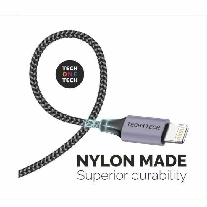 Cable nylon gris 2m c/usb-a a lightning, apple. 2,4a. tech one tech