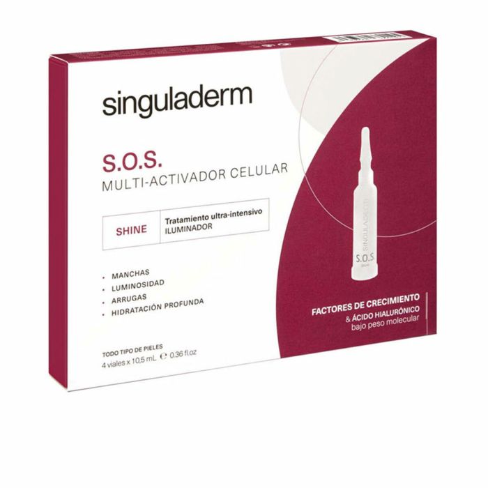 Singuladerm S.O.S. shine Sérum Facial Hidratante Antimanchas Luminosidad y Tono Uniforme con Ácido Hialurónico Factores de Crecimiento 4 x 10,5 ml