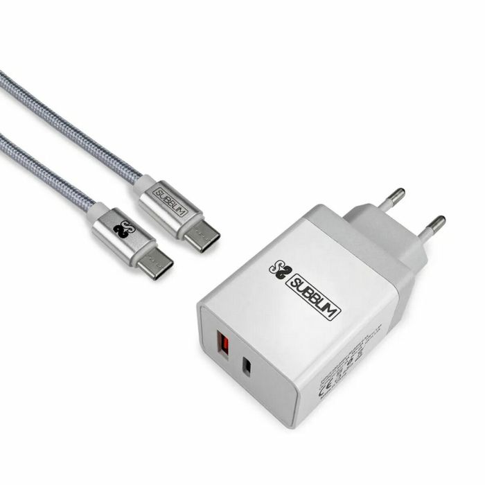 Cargador de Pared + Cable USB A a USB C Subblim CARGADOR ULTRA RAPIDO 2xUSB DE PARED PD18W+2.4A + Cable C to C Blanco