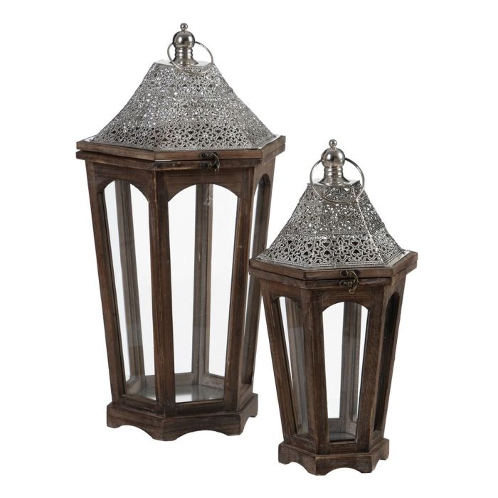 Farol 32 x 28 x 60 cm Portavelas Marrón Plata Madera de abeto (2 Unidades) Farol 32 x 28 x 60 cm Portavelas Marrón Plata Madera de abeto (2 Unidades)