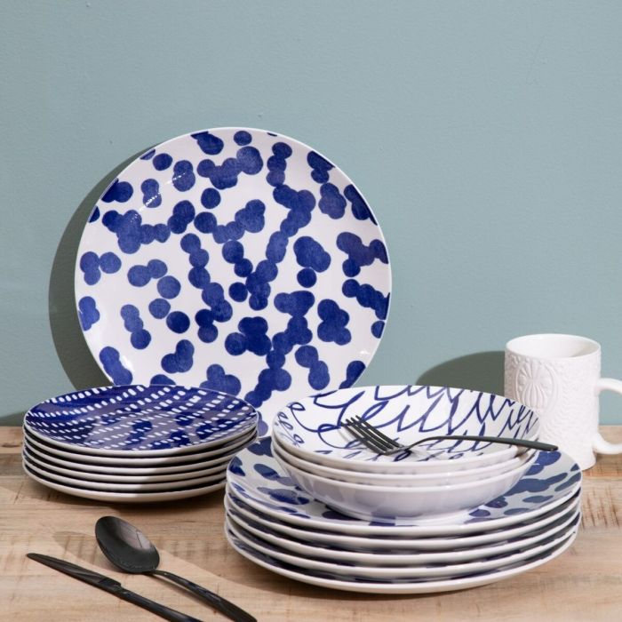 Vajilla 18 Piezas Porcelana Azul Blanco 1 cm 8 Vajilla 18 Piezas Porcelana Azul Blanco 1 cm 8