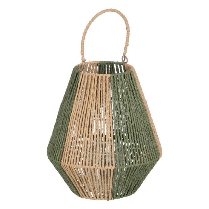 Farol Portavelas Farol Verde Beige Metal Papel Cristal 27 x 27 x 30 cm