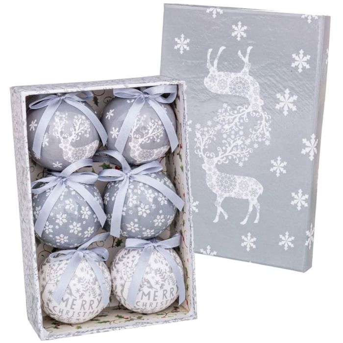 Bolas de Navidad Blanco Plateado Papel Polyfoam Ciervo 7,5 x 7,5 x 7,5 cm (6 Unidades) 1
