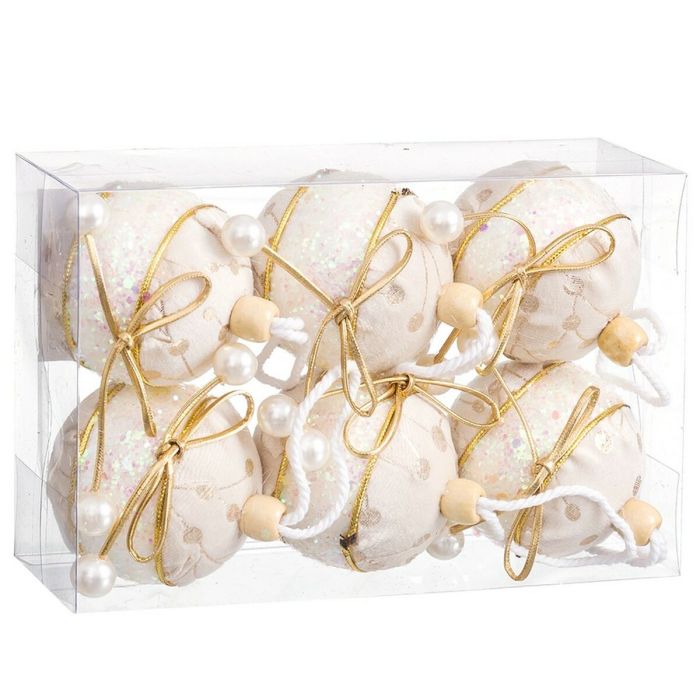 Bolas de Navidad Blanco Dorado Polyfoam Tejido Lazo 6 x 6 x 6 cm (6 Unidades) 1