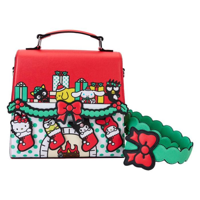 Loungefly Bolso bandolera de piel vegana Hello Kitty Christmas Sanrio con correa desmontable y detalles festivos