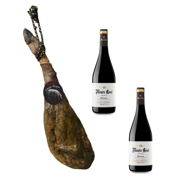 Paleta de Jamón Linaje Negro 4,5 kg Botella de vino tinto 750 ml x 2 Monte Real