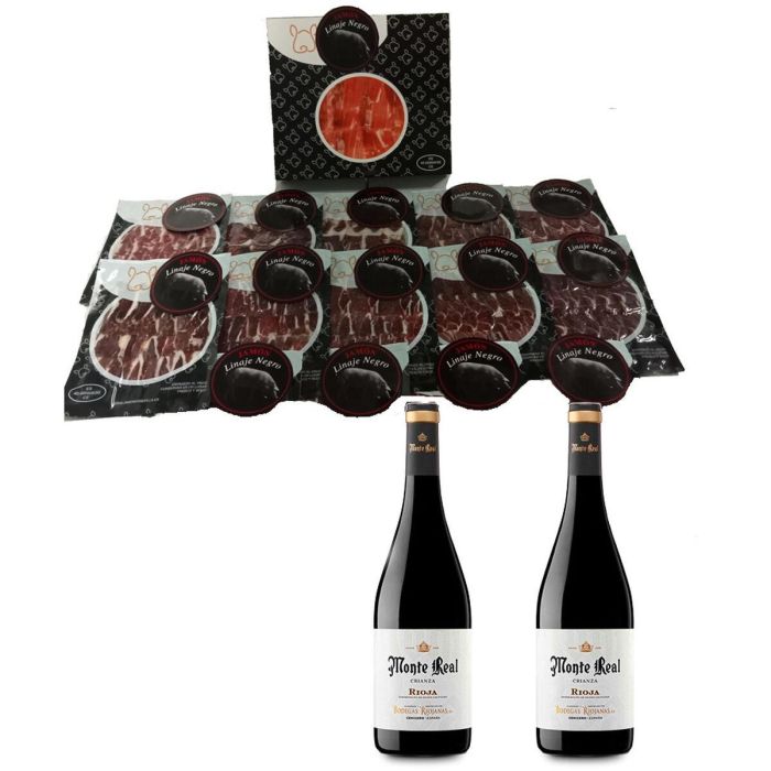 Jamón de Cebo Linaje Negro 100 g x 10 Botella de vino tinto 750 ml x 2 Monte Real Jamón de Cebo Linaje Negro 100 g x 10 Botella de vino tinto 750 ml x 2 Monte Real
