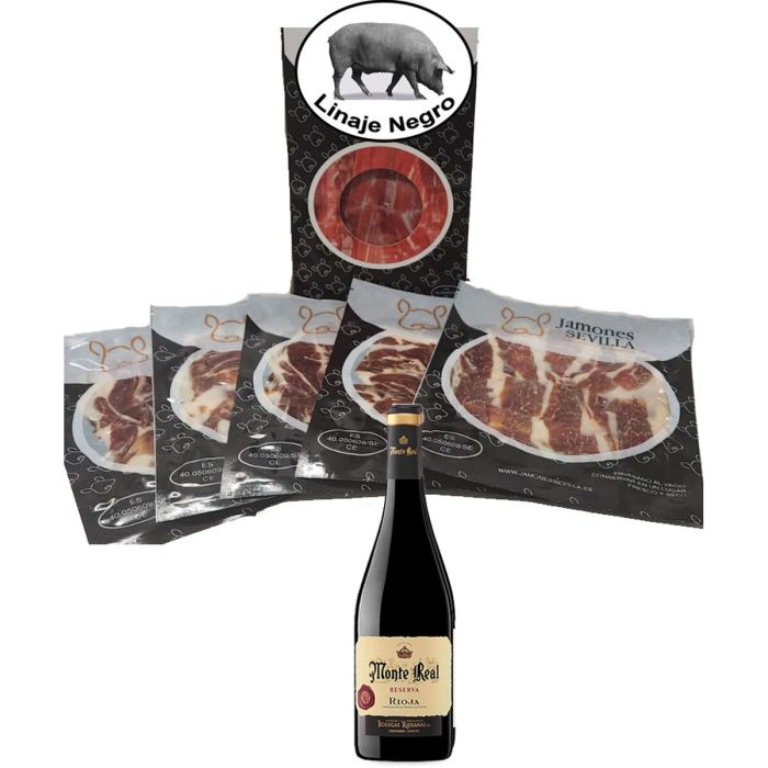 Jamón de Cebo Linaje Negro 100 g x 5 Botella de vino tinto 750 ml Monte Real