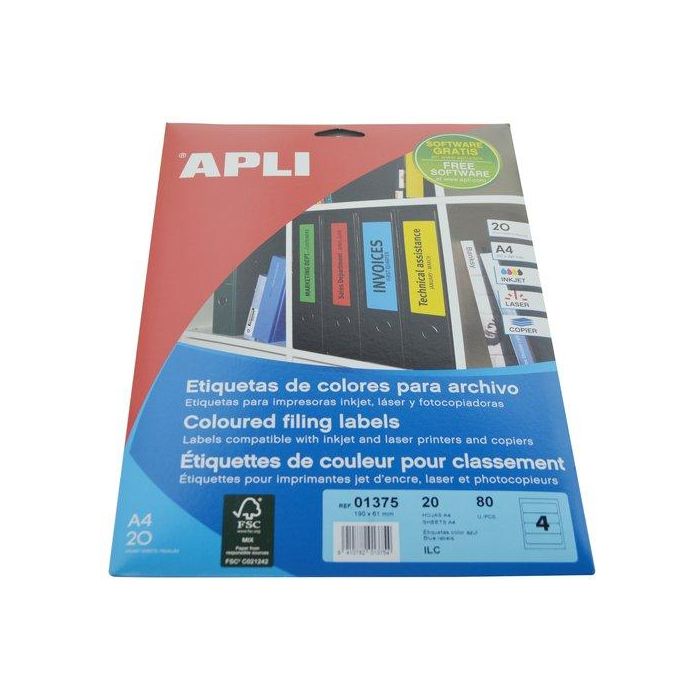 Apli Etiquetas Adhesivas Especial Archivo 190x61 mm Azul para Inkjet-Láser, Pack 20 Hojas