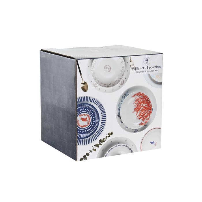 DKD Home Decor Vajilla de Porcelana Mediterráneo Blue Red Bird Set de 18 Piezas Azul Rojo Blanco Apto Microondas y Lavavajillas 4