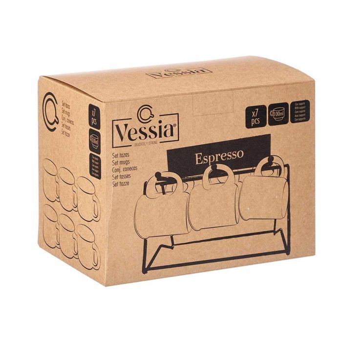 Vessia Set 6 Tazas Cafe Beige Porcelana 100 ml con Soporte 23x17x15cm (Set de 6)