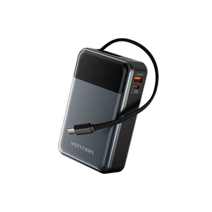 Vention FHYB0 Powerbank 20000mAh 65W con Cable USB-C Incorporado, USB-A/C, Pantalla LED, Gris