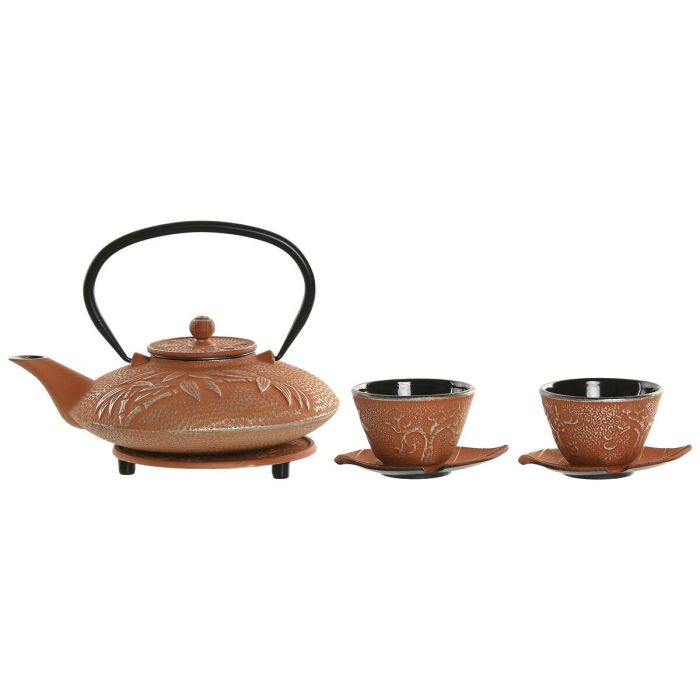 DKD Home Decor Tetera Oriental de Hierro Colado Naranja 800ml - Set de 3 (18 x 15 x 21 cm) Apto para Gas y Lavavajillas
