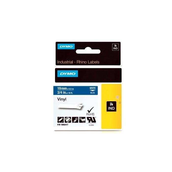 Dymo Rhino Cinta de Etiquetas Industrial Adhesiva ID1-19, Blanco Sobre Azul, 19 mm x 5.5 M, Vinilo Dymo Rhino Cinta de Etiquetas Industrial Adhesiva ID1-19, Blanco Sobre Azul, 19 mm x 5.5 M, Vinilo