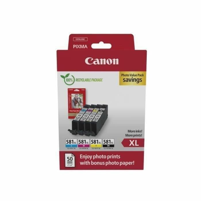 Canon Tinta Ecopack Photo 50H Papel Fotografico Bk - C - M - Y - Pixma Ts615X , Ts815X , Ts915X , Tr755X , Tr855X - Cli581XL Pack 4 Colores