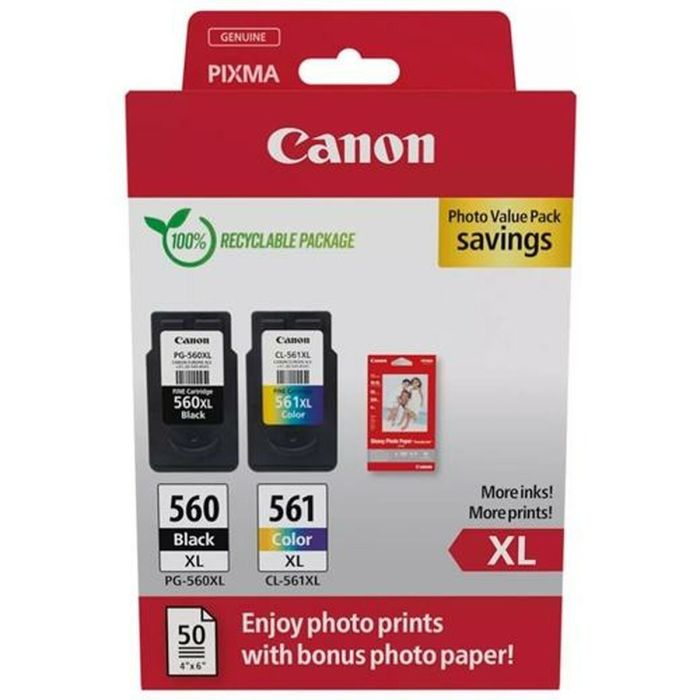 Canon Tinta Ecopack Bk+ C - M - Y + 50H Papel Fotográfico 10x15 Para Pixma Ts5350, Ts5351, Ts5352, Ts5353, Ts7450 - Pg560XL + Cl561XL