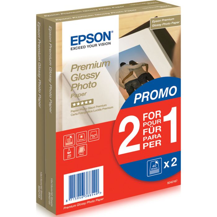 Epson Papel Premium Glossy Photo 255 gr, 10 X 15 cm, 40H. Promoción 2x1