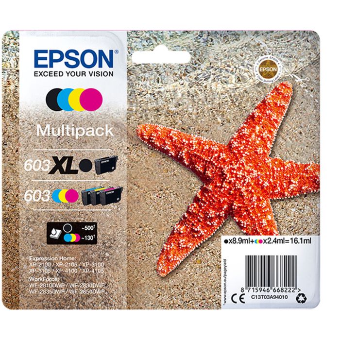 Epson Tinta Bk-C-M-Y Multipack Xp-2100, 3100, 4100 - Wf-2830Dwf, 2850Dwf Negro 603XL-Colores 603