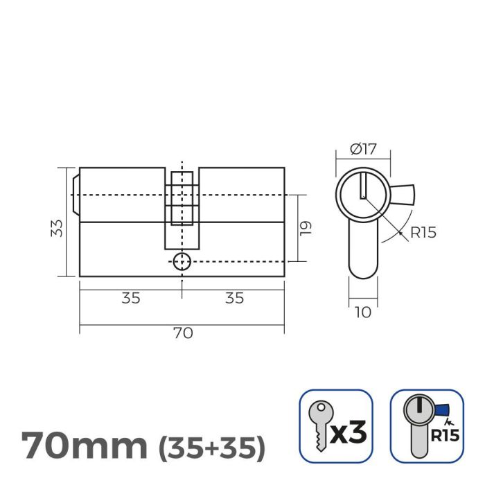 Cilindro 70mm (35+35mm) niquelado, leva larga r15 con 3 llaves de serreta incluidas 1