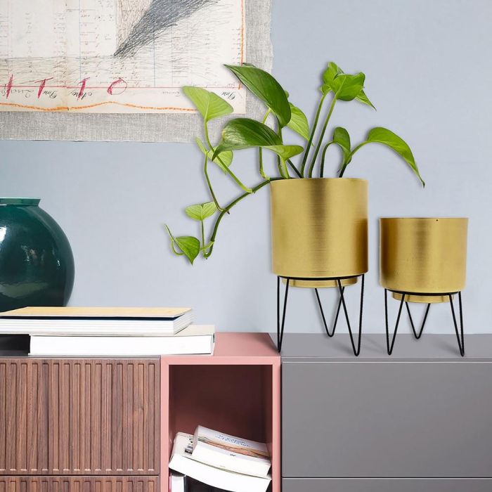 Home Deco Factory Juego de 2 Macetas con Pie Metal Colección Lounge 3