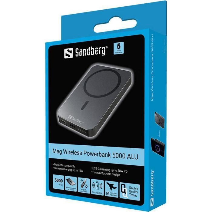 Sandberg Magnet Wireless Powerbank 5000 mAh ALU, Carga Inalámbrica Magnética MagSafe para iPhone y Smartphones, USB-C Carga Rápida 20V 4