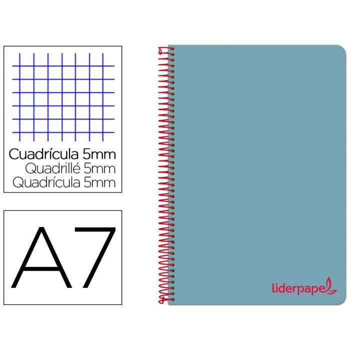 Cuaderno Espiral Liderpapel A7 Micro Wonder Tapa Plastico 100H 90 gr Cuadro 5 mm 4 Bandas Color Celeste