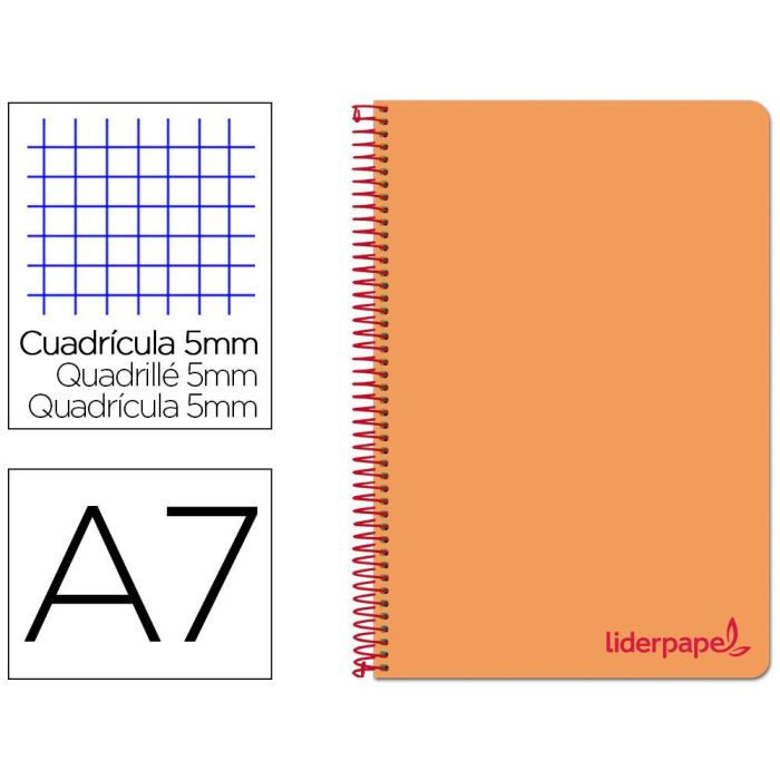 Cuaderno Espiral Liderpapel A7 Micro Wonder Tapa Plastico 100H 90 gr Cuadro 5 mm 4 Bandas Color Naranja