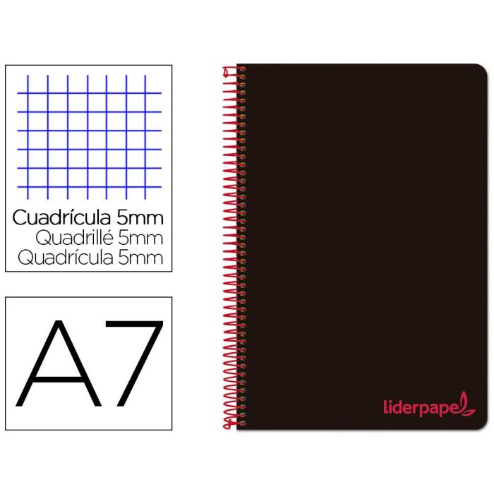 Cuaderno Espiral Liderpapel A7 Micro Wonder Tapa Plastico 100H 90 gr Cuadro 5 mm 4 Bandas Color Negro