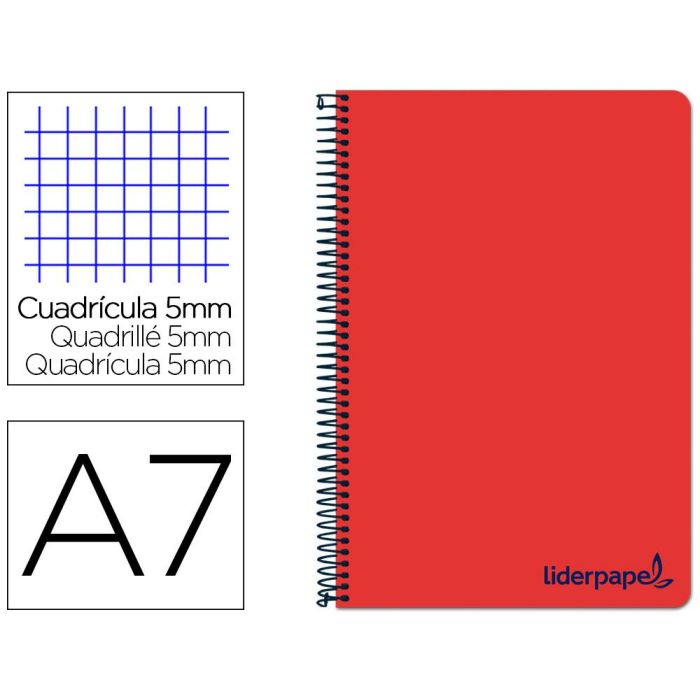 Cuaderno Espiral Liderpapel A7 Micro Wonder Tapa Plastico 100H 90 gr Cuadro 5 mm 4 Bandas Color Rojo