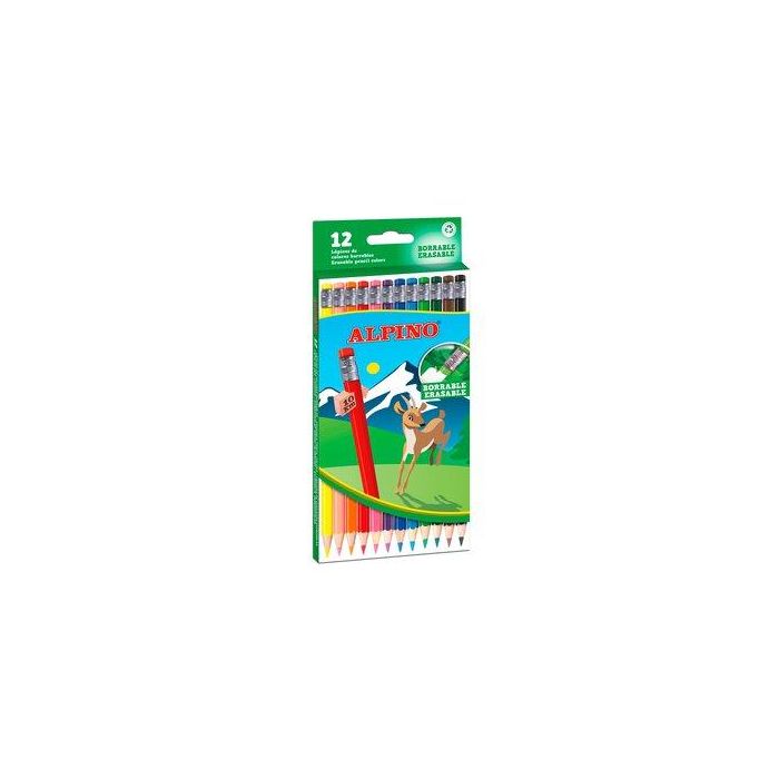 Alpino Lápices de Colores Borrables Hexagonales con Goma - Caja de 12 Colores Surtidos