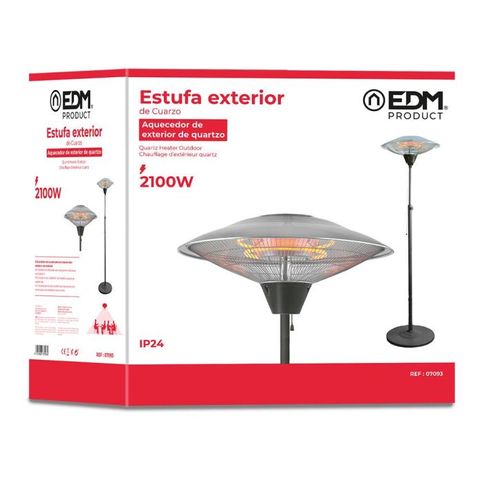 Edm Estufa de cuarzo de exterior con pie 2100W, 3 potencias (900-1200-2100W), telescópica hasta 210cm, orientable 45° 1