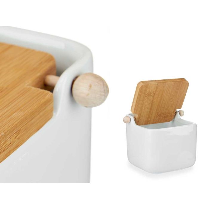 Salero de Cerámica Blanca con Tapa de Bambú Vessia 14.5x11x12 cm, 800 ml (6 Unidades) 3 Salero de Cerámica Blanca con Tapa de Bambú Vessia 14.5x11x12 cm, 800 ml (6 Unidades) 3