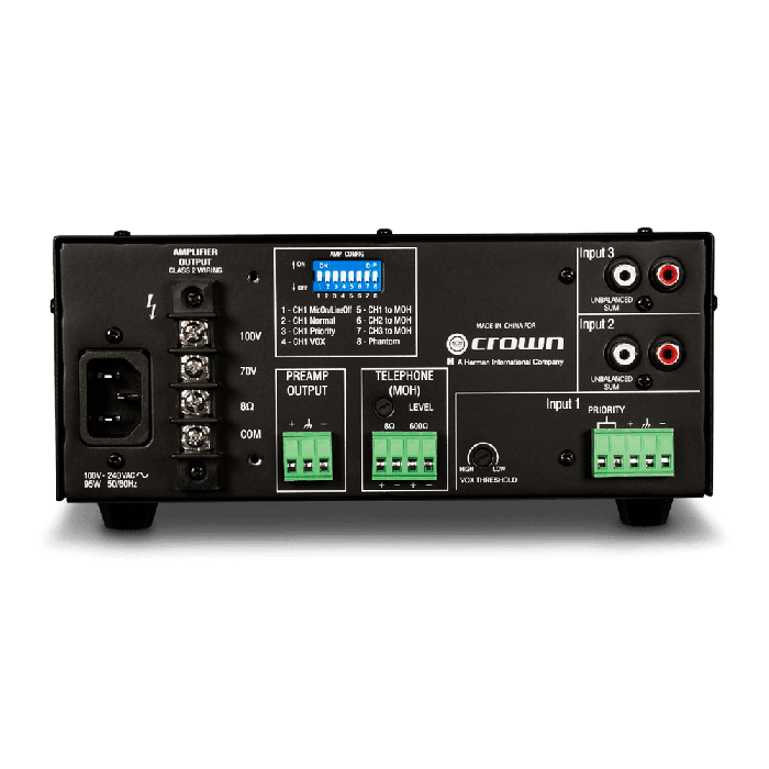 Crown 135MA Mezclador Amplificador 35W para Audio Comercial con 3 Entradas y Salida de 8 Ohmios