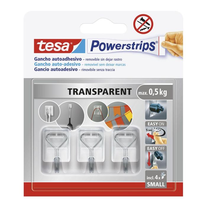 Tesa Powerstrips Gancho autoadhesivo transparente S, soporta hasta 0,5 kg Tesa Powerstrips Gancho autoadhesivo transparente S, soporta hasta 0,5 kg