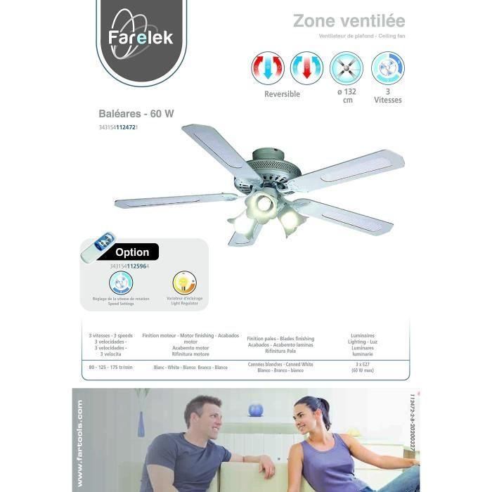Farelek Ventilador de Techo Baleares Ø 132 cm, reversible, 5 aspas blancas/bastones, con iluminación 3 tulipanes 60W E27 2 Farelek Ventilador de Techo Baleares Ø 132 cm, reversible, 5 aspas blancas/bastones, con iluminación 3 tulipanes 60W E27 2