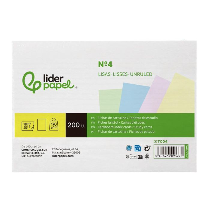 Tarjeta Liderpapel Para Estudiar Lisa Cartulina De Colores 170 gr-M2 125x200 mm Paquete De 200 Unidades 1