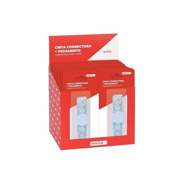 Corrector Cinta Safta Retractil + Pegamento Expositor De 12