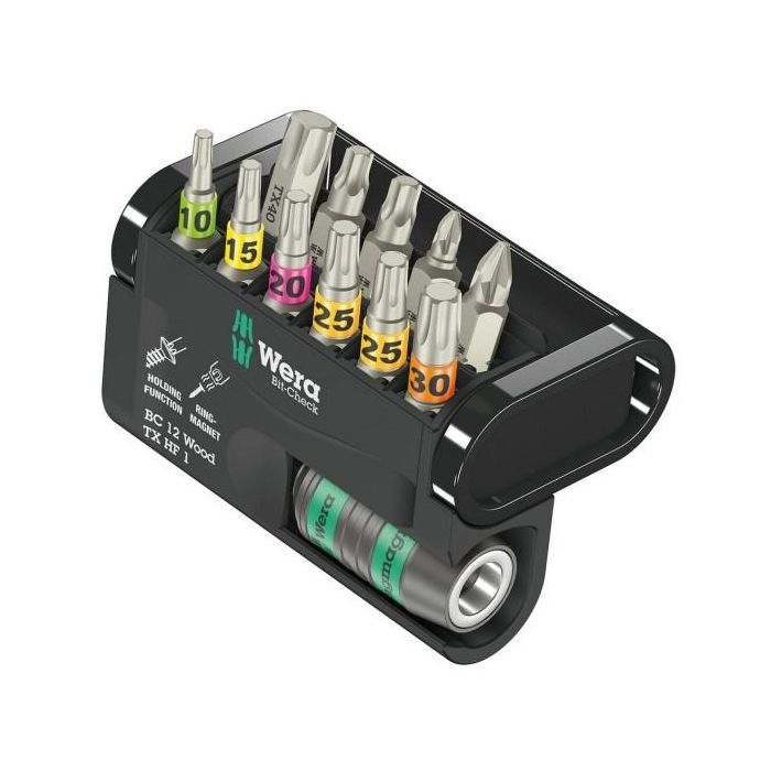 Wera 05057435001 Bit-Check 12 Wood Juego de puntas Torx HF y Pozidriv 1/4" con 11 piezas y estuche