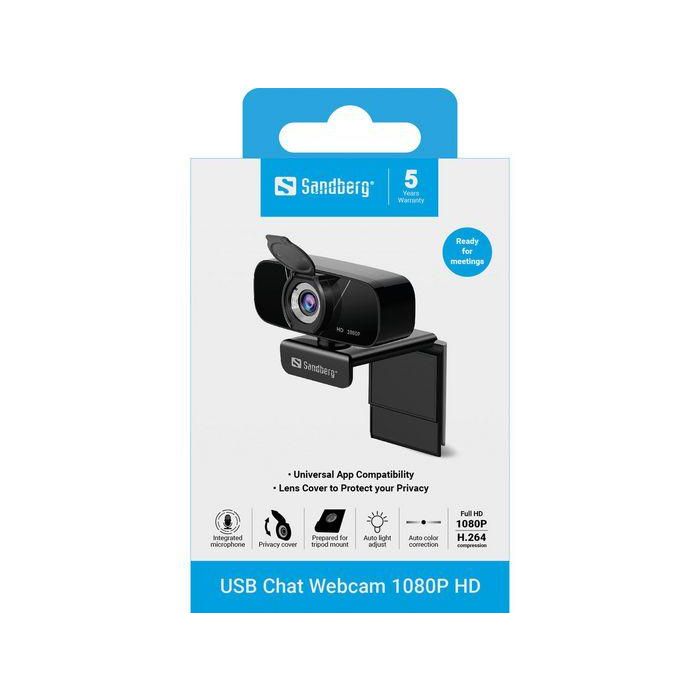 Sandberg USB Chat Webcam Full HD 1080P con Micrófono Integrado, Plug & Play Sin Drivers, para Videollamadas, Clases Online y Streaming 3