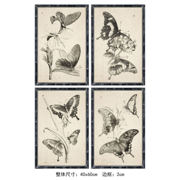 DKD Home Decor Cuadro de Pared Decoración Cottage Mariposas Negro, 60x40x2,8 cm - Set de 4 Unidades, Surtido Aleatorio con Marco de Abeto y Cristal